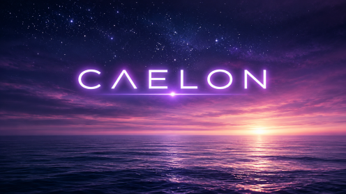 Caelon above a quiet ocean beneath a violet, star-filled sky